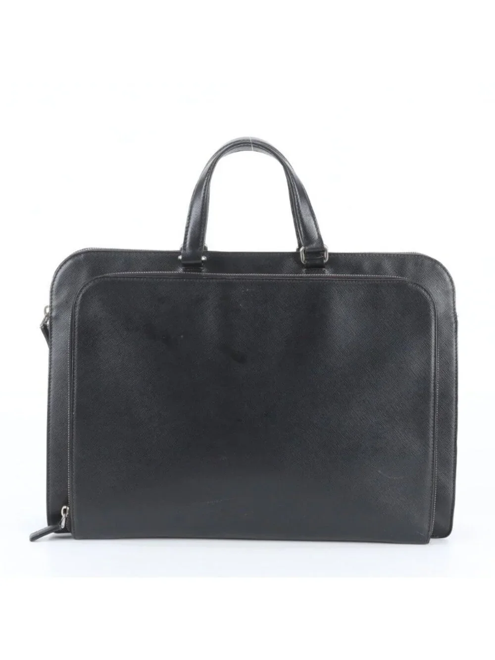Prada Saffiano Triangle Logo Leather Business Document Tote Bag Black